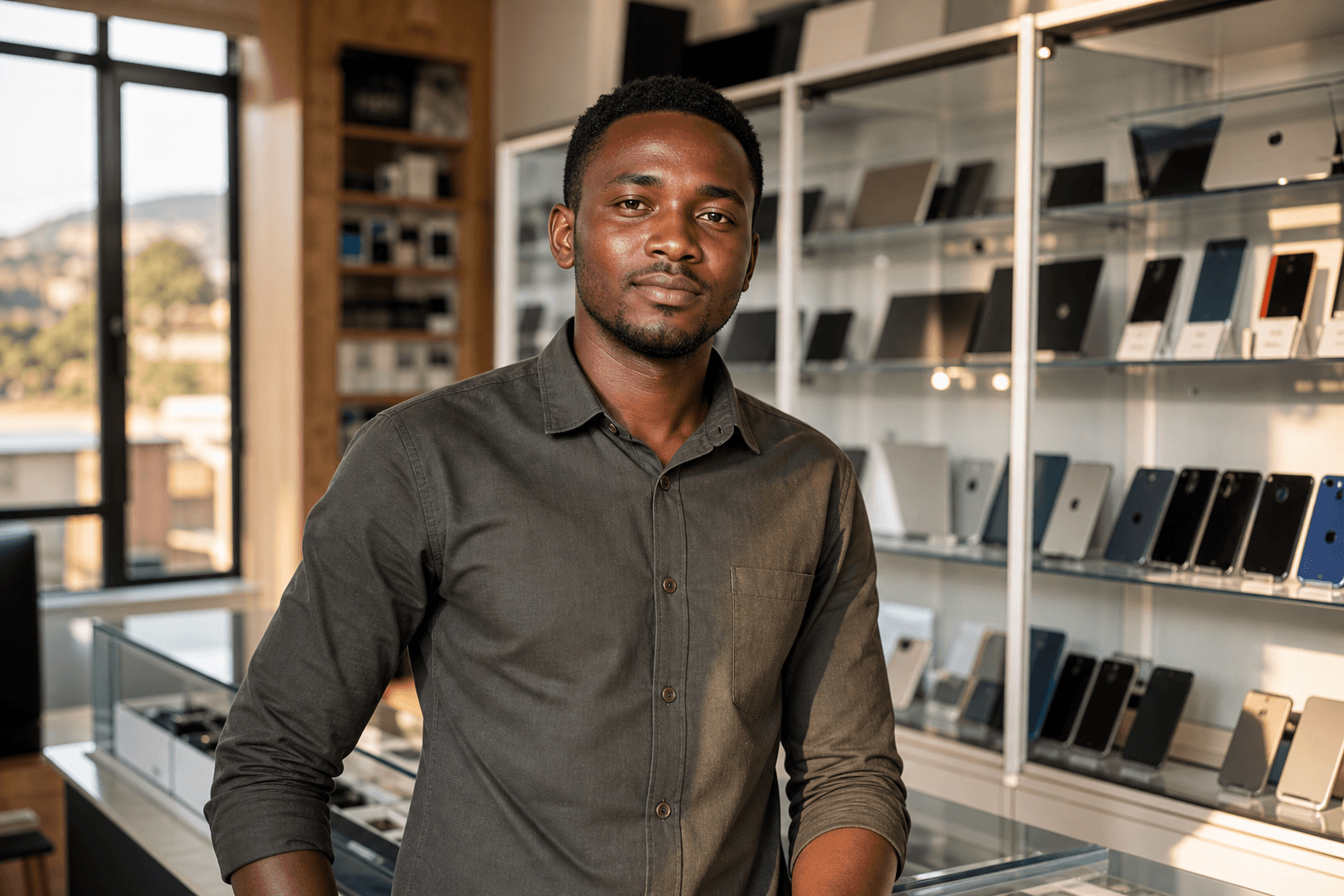 Electronics shop owner standing calmly in a modern shop, in control of the space around them.